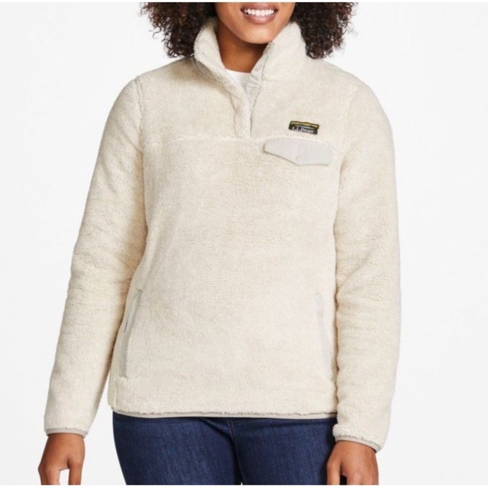 LL Bean Women Hi-Pile Fleece Sherpa Jacket Size XS Pullover Warm Cozy Cream‎